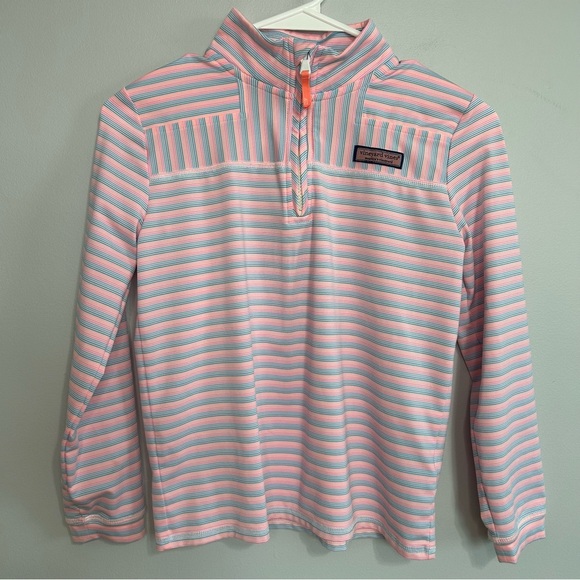 Vineyard Vines Girls Performance Sankaty Shep Pink Blue Striped Shirt Size 10/12 - Picture 2 of 6
